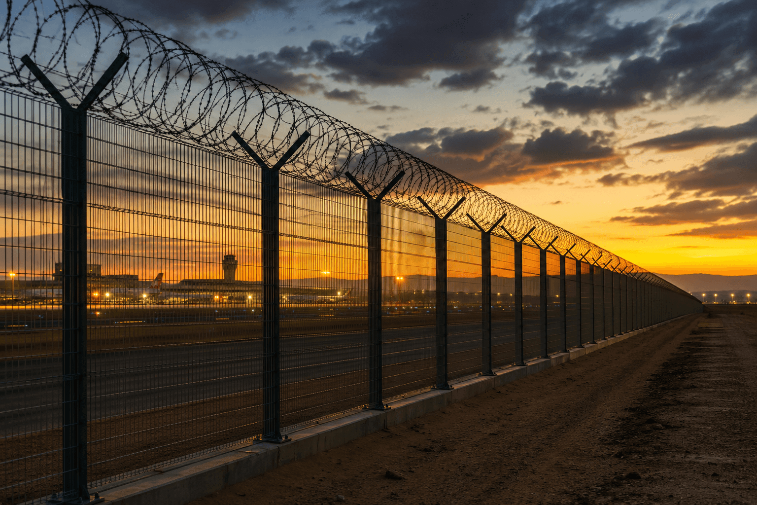 Airport perimeter security fence with razor wire topping at dusk, runway and terminal building in background